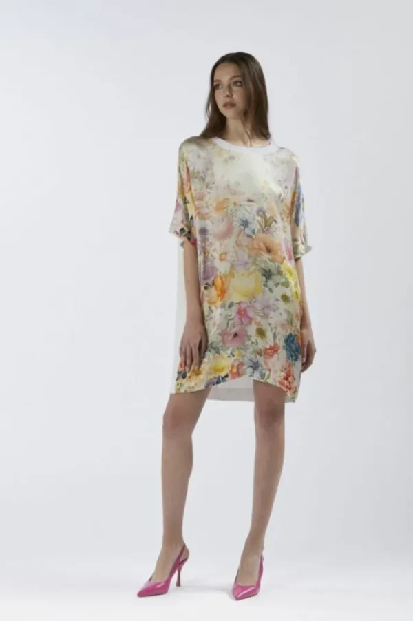 CafèNoir abito bimateriale con davanti stampato flower panel