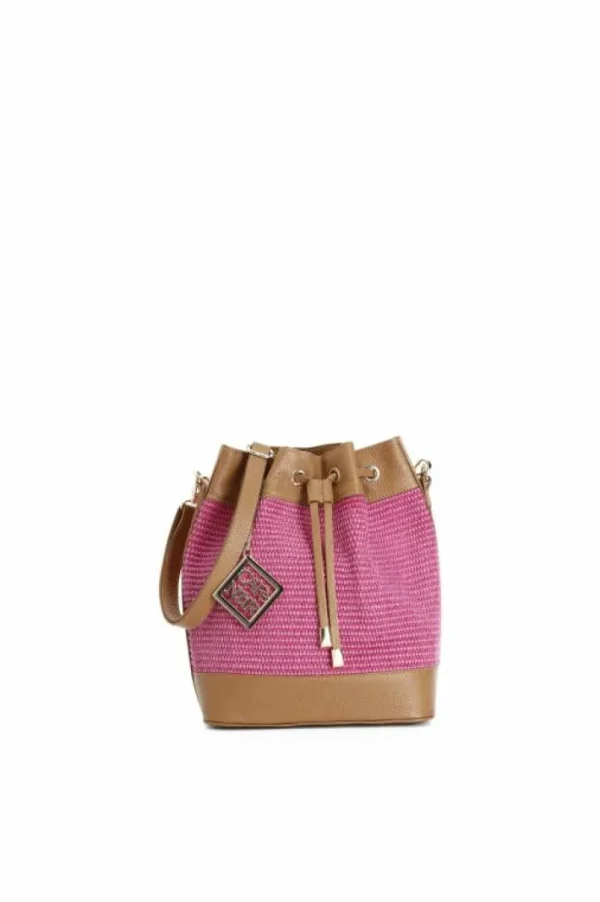 CafèNoir borsa a secchiello in rafia con coulisse con rifiniture in pelle e ciondolo