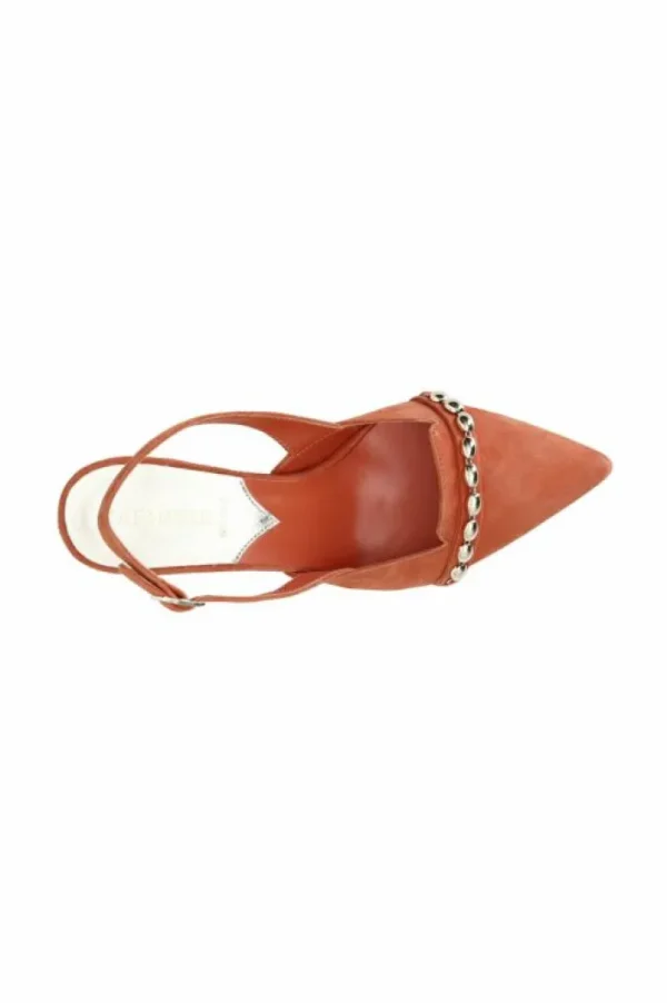 CafèNoir dècollète in suede con punta affusolata e catena decorativa