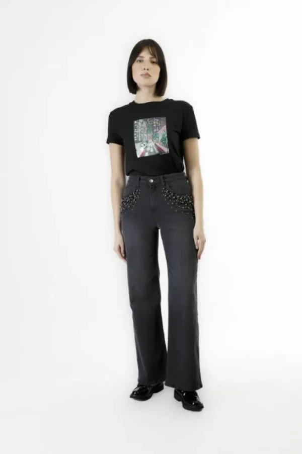 CafèNoir jeans denim wide leg con perle alle tasche