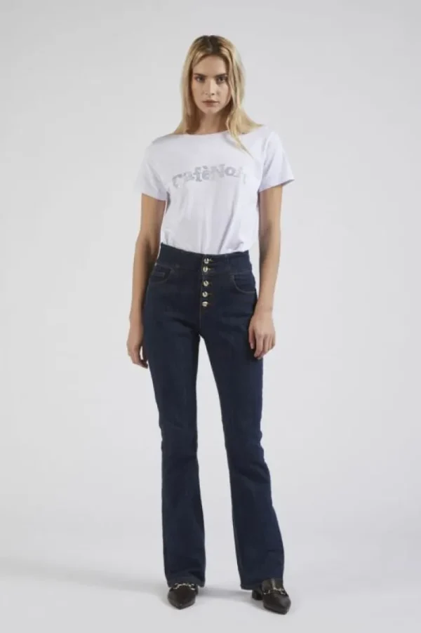 CafèNoir pantalone flare con bottoni a vista a vita alta blu medio scuro