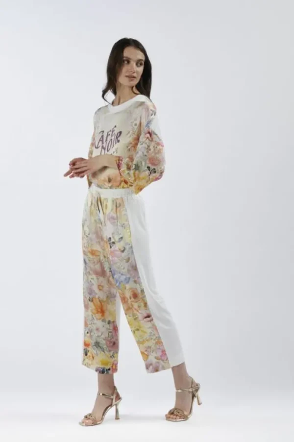 CafèNoir pantaloni bimateriale con davanti stampato flower panel