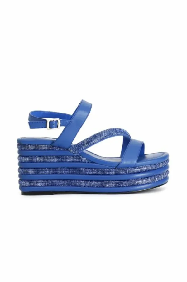 CafèNoir sandali asimmetrici strass e nappa con zeppa righe strass