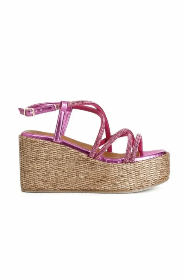 CafèNoir sandali con fasce incrocio strass su zeppa in rafia