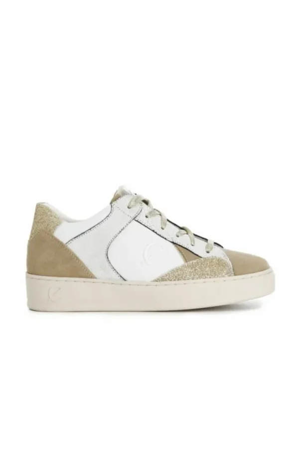 CafèNoir sneakers da donna in pelle e pelle scamosciata con riporti effetto metallico bianco camel